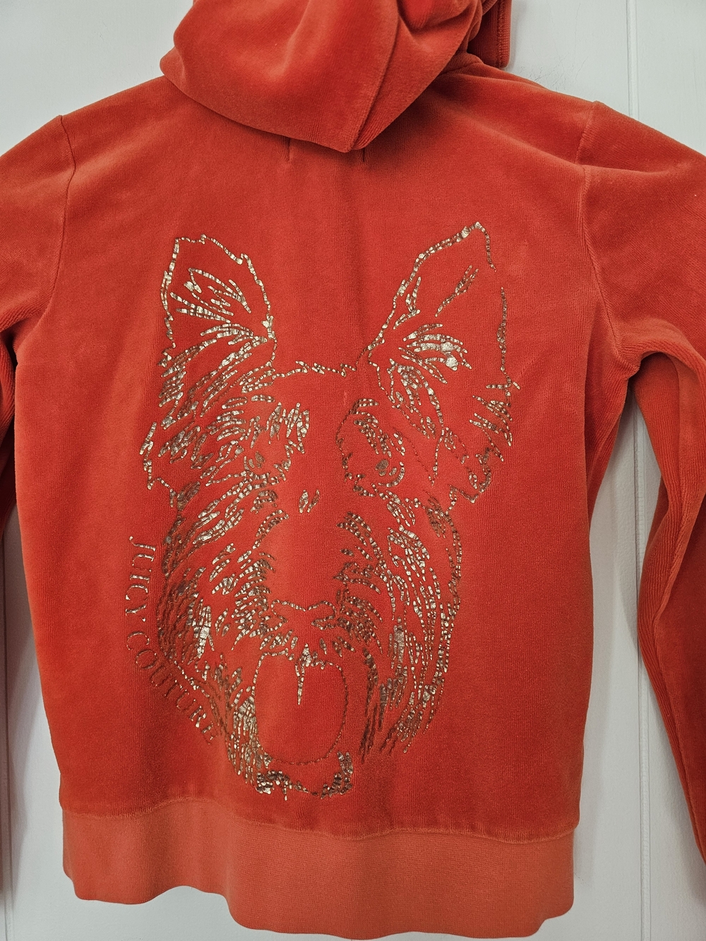 Vintage Y2K Juicy Couture Kids Orange Velvet Hoodie with Gold Dog Graphic